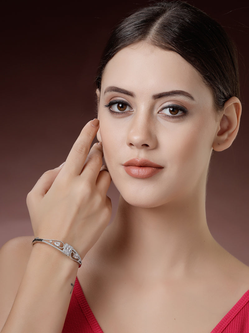 Rhodium Plated Silver Toned White Square & Teardrop American Diamond Studded Cuff Bracelet