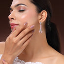 Rhodium Plated Silver Toned Bar Shaped Pink & White American Diamond Studded Earrings