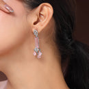 Rhodium Plated Silver Toned Bar Shaped Pink & White American Diamond Studded Earrings