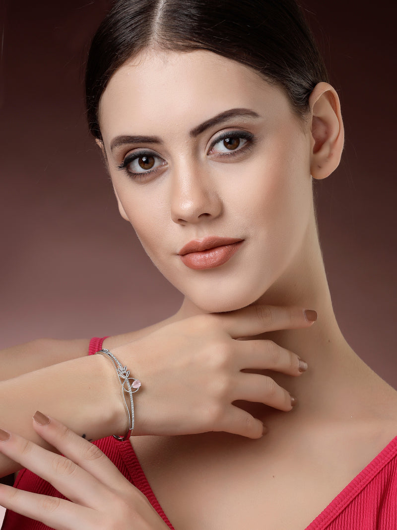 Rhodium Plated Silver Toned Pink Teardrop American Diamond Studded Cuff Bracelet
