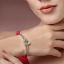 Rhodium Plated Silver Toned Pink Teardrop American Diamond Studded Cuff Bracelet