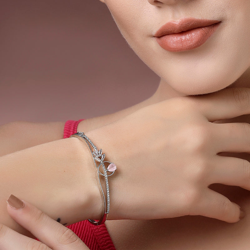 Rhodium Plated Silver Toned Pink Teardrop American Diamond Studded Cuff Bracelet