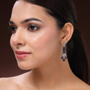 Rhodium Plated Silver Toned Bar Shaped Blue & White American Diamond Studded Earrings