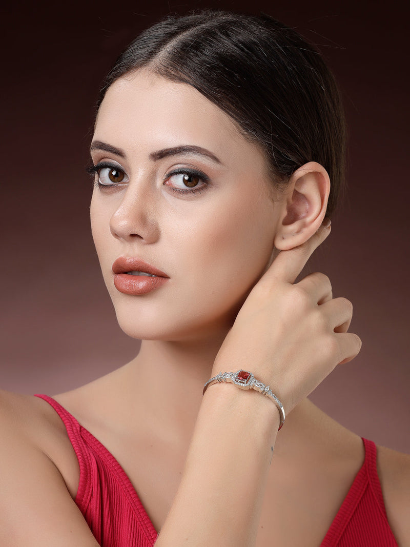 Rhodium Plated Silver Toned Red Rectangle American Diamond Studded Cuff Bracelet