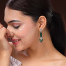 Rhodium Plated Silver Toned Bar Shaped Green & White American Diamond Studded Earrings