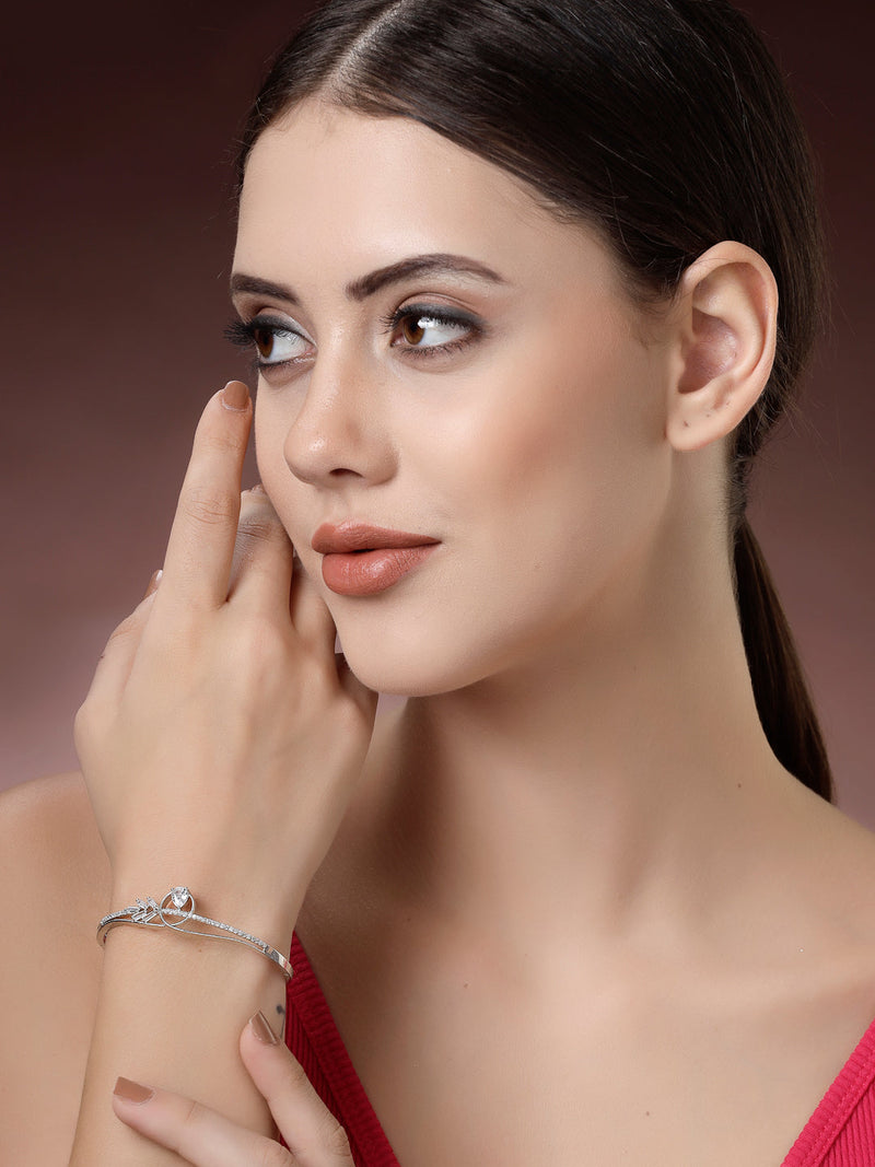 Rhodium Plated Silver Toned White Teardrop American Diamond Studded Cuff Bracelet