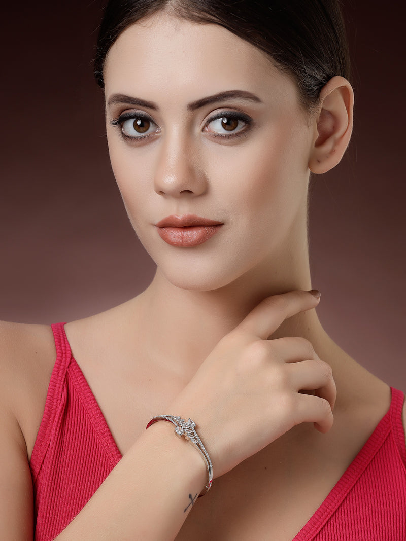 Rhodium Plated Silver Toned  Leaf Design White Teardrop American Diamond Studded Cuff Bracelet