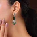 Rhodium Plated Silver Toned Bar Shaped Green & White American Diamond Studded Earrings