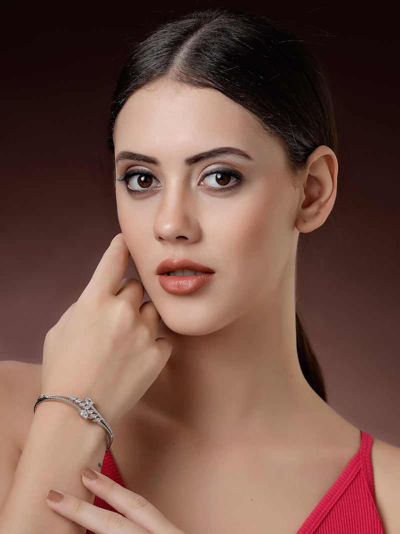Rhodium Plated Silver Toned  Leaf Design White Teardrop American Diamond Studded Cuff Bracelet