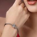Rhodium Plated Silver Toned  Leaf Design White Teardrop American Diamond Studded Cuff Bracelet