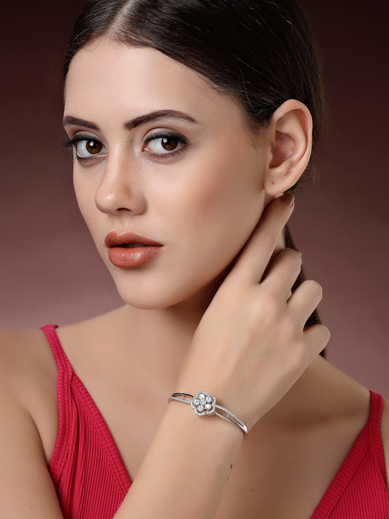 Rhodium Plated Silver Toned Floral Cluster Round White AD Studded Cuff Bracelet