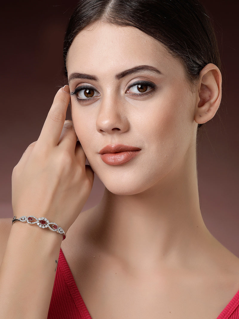 Rhodium Plated Silver Toned Oval & Teardrop Red American Diamond Studded Cuff Bracelet