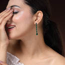 Rhodium Plated Silver Toned Teardrop Shaped Green American Diamond Studded Linear Dangler Earrings