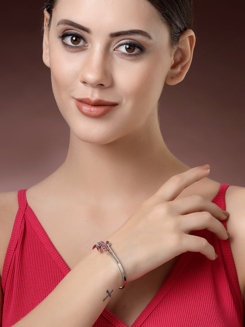Rhodium Plated Silver Toned  Leaf Design Red Teardrop American Diamond Studded Cuff Bracelet