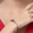 Rhodium Plated Silver Toned  Leaf Design Red Teardrop American Diamond Studded Cuff Bracelet