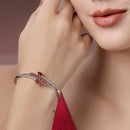 Rhodium Plated Silver Toned  Leaf Design Red Teardrop American Diamond Studded Cuff Bracelet