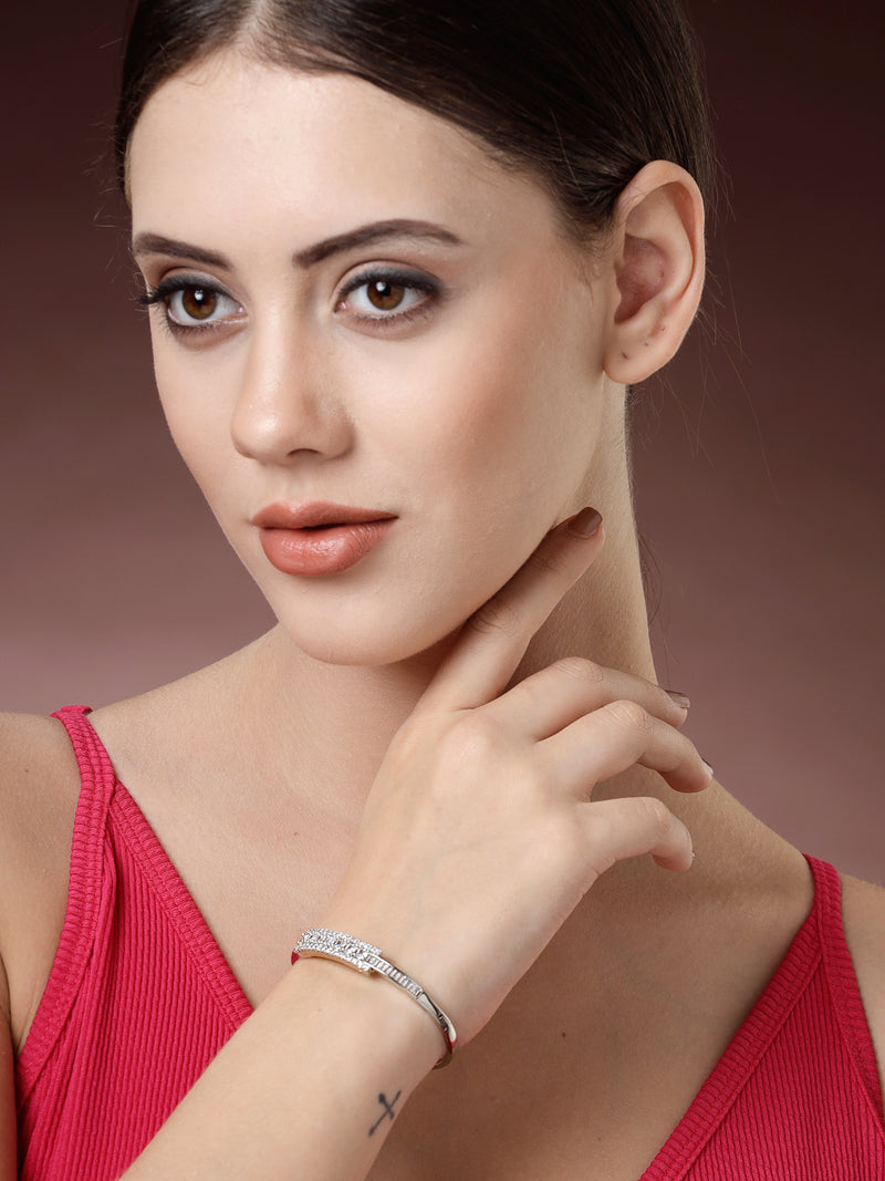 Rhodium Plated Silver Toned Minimal Round White American Diamond Studded Cuff Bracelet
