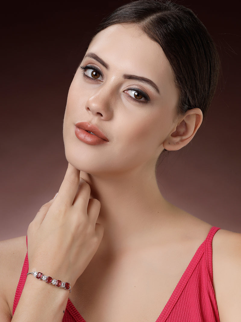 Rhodium Plated Silver Toned White Round & Red Square Cut AD Studded Bracelet | Wraparound Adjustable Bracelet
