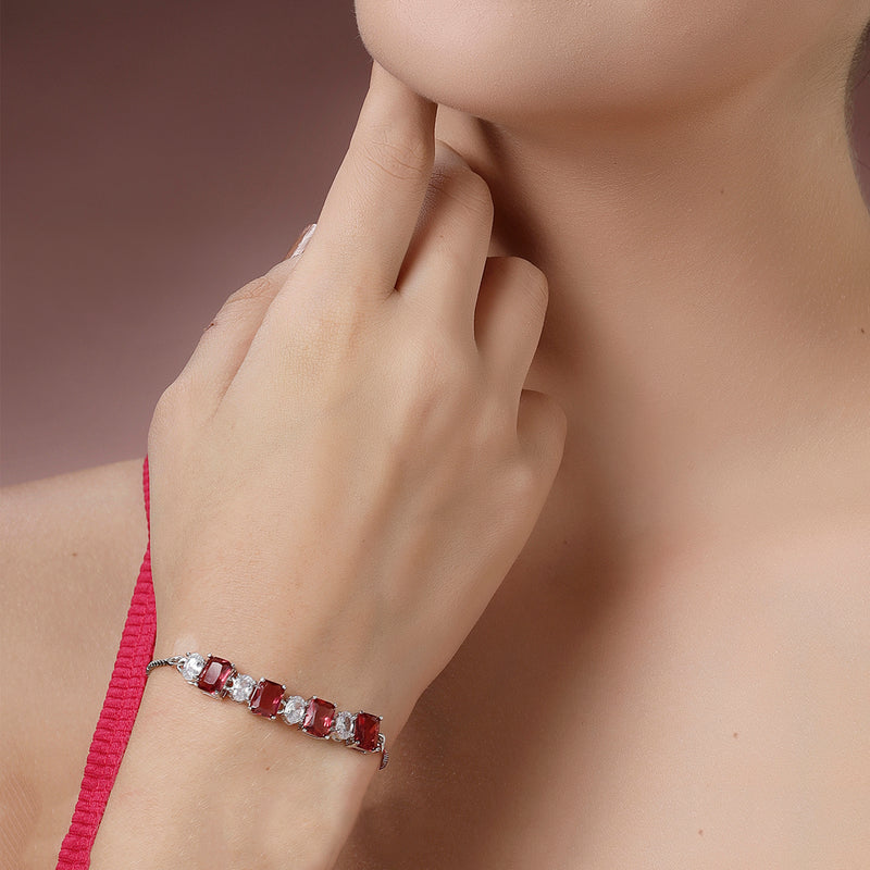 Rhodium Plated Silver Toned White Round & Red Square Cut AD Studded Bracelet | Wraparound Adjustable Bracelet
