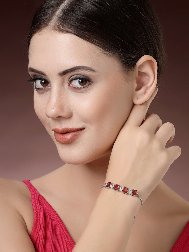 Rhodium Plated Silver Toned White Round & Red Square Cut AD Studded Bracelet | Wraparound Adjustable Bracelet