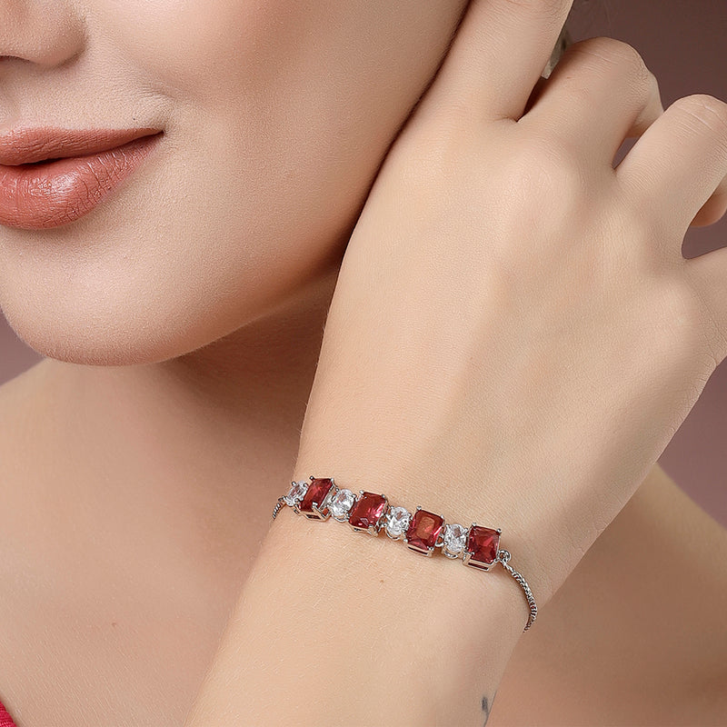 Rhodium Plated Silver Toned White Round & Red Square Cut AD Studded Bracelet | Wraparound Adjustable Bracelet
