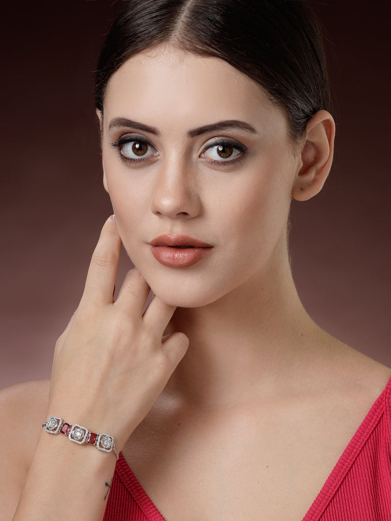Rhodium Plated Silver Toned White Round & Red Rectangle American Diamond Studded Wraparound Adjustable Bracelet