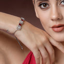 Rhodium Plated Silver Toned White Round & Red Rectangle American Diamond Studded Wraparound Adjustable Bracelet