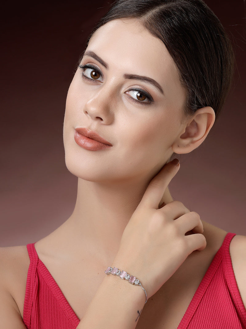 Rhodium Plated Silver Toned White Round & Pink Oval American Diamond Studded Wraparound Adjustable Bracelet