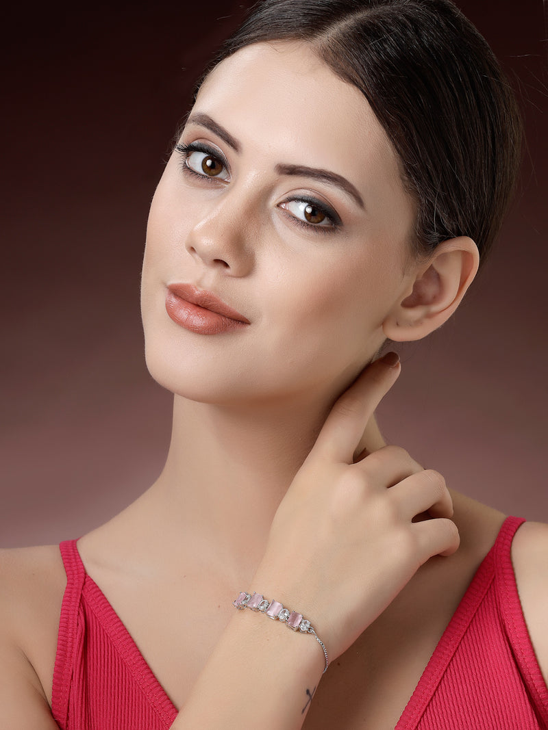 Rhodium Plated Silver Toned White Round & Pink Oval American Diamond Studded Wraparound Adjustable Bracelet