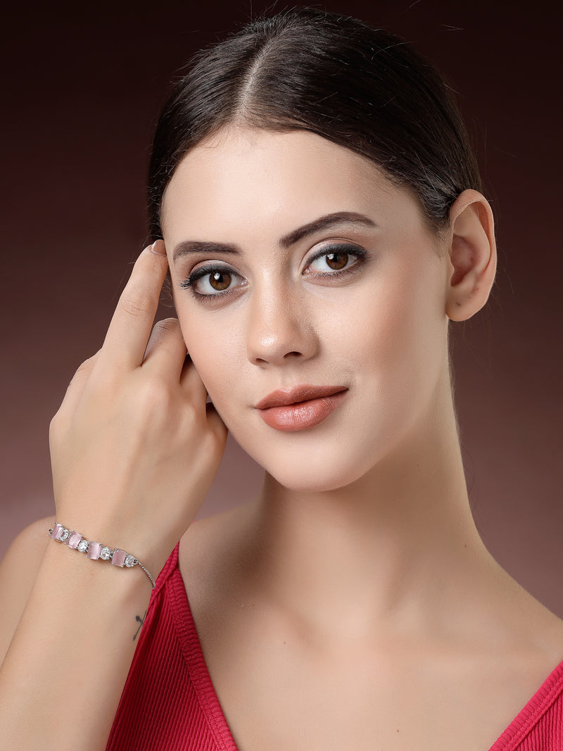 Rhodium Plated Silver Toned White Round & Pink Oval American Diamond Studded Wraparound Adjustable Bracelet