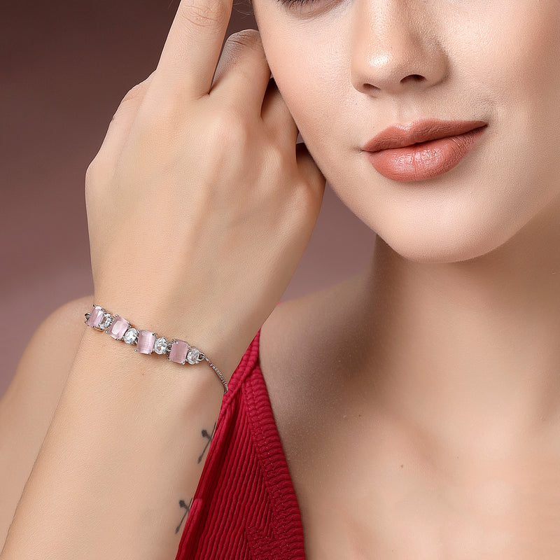 Rhodium Plated Silver Toned White Round & Pink Square Cut AD  Studded  Wraparound Adjustable Bracelet