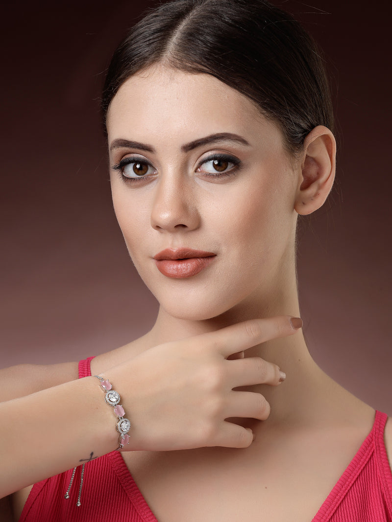 Rhodium Plated Silver Toned White Round & Pink Square Cut AD  Studded  Wraparound Adjustable Bracelet