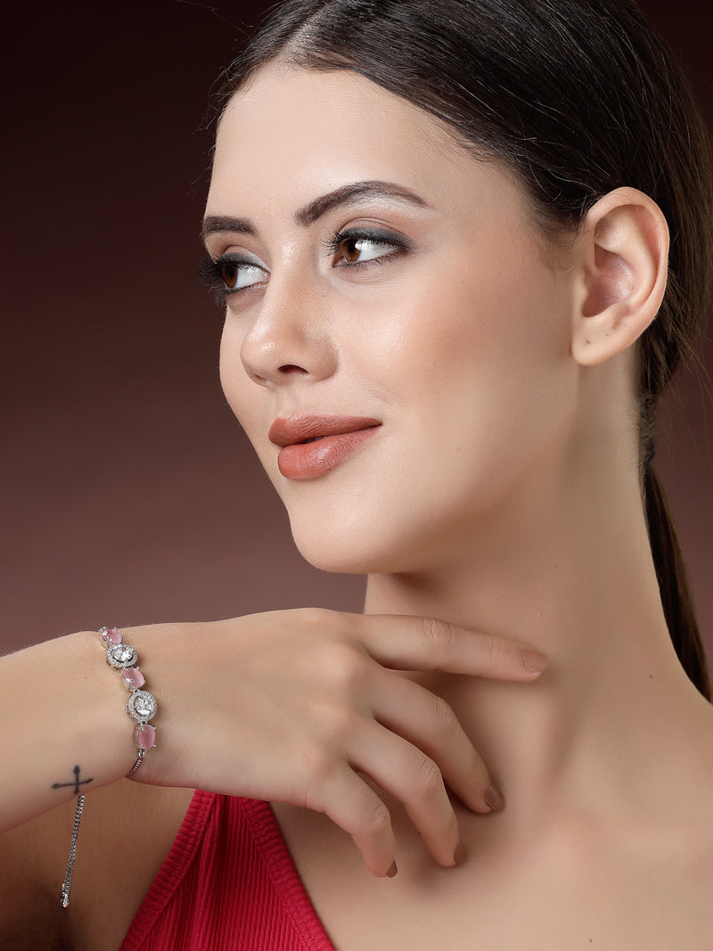 Rhodium Plated Silver Toned White Round & Pink Square Cut AD  Studded  Wraparound Adjustable Bracelet