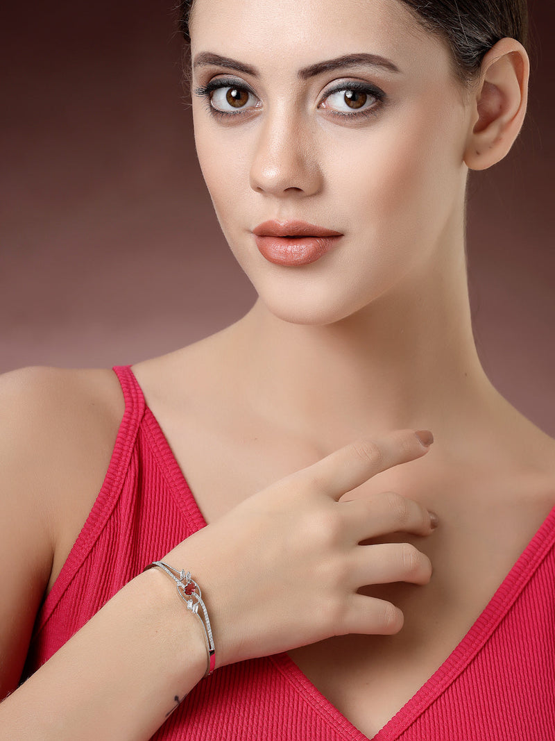 Rhodium Plated Silver Toned  Red Oval American Diamond Studded Cuff Bracelet
