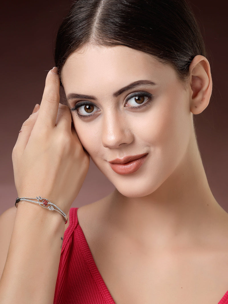 Rhodium Plated Silver Toned  Red Oval American Diamond Studded Cuff Bracelet