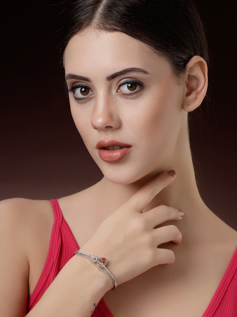 Rhodium Plated Silver Toned Red Teardrop  American Diamond Studded Cuff Bracelet