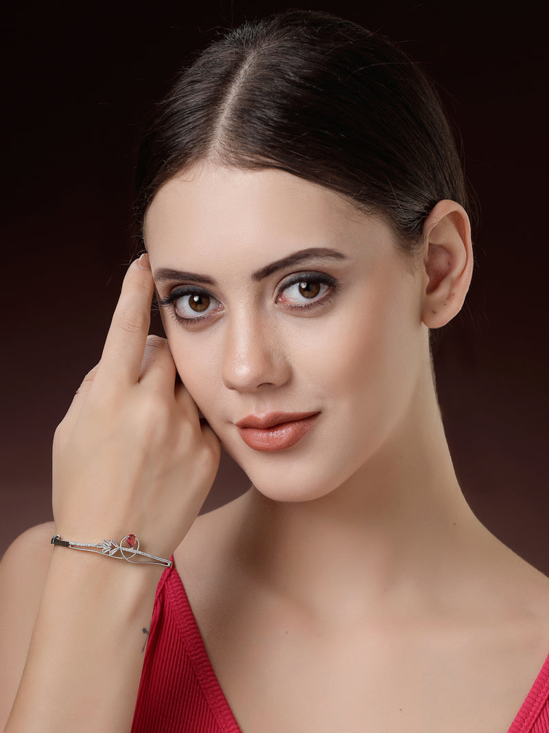 Rhodium Plated Silver Toned Red Teardrop  American Diamond Studded Cuff Bracelet