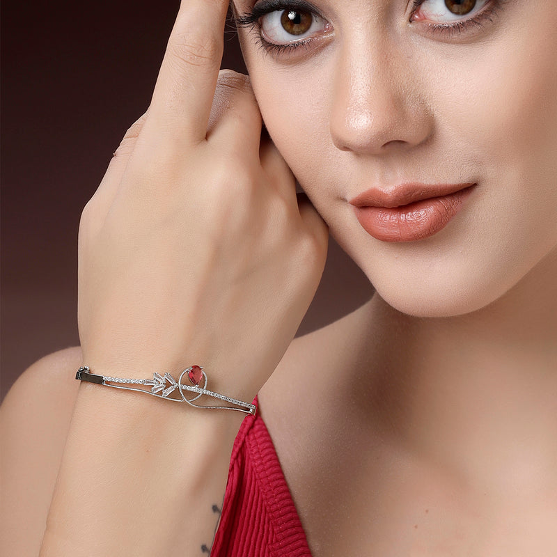 Rhodium Plated Silver Toned Red Teardrop  American Diamond Studded Cuff Bracelet