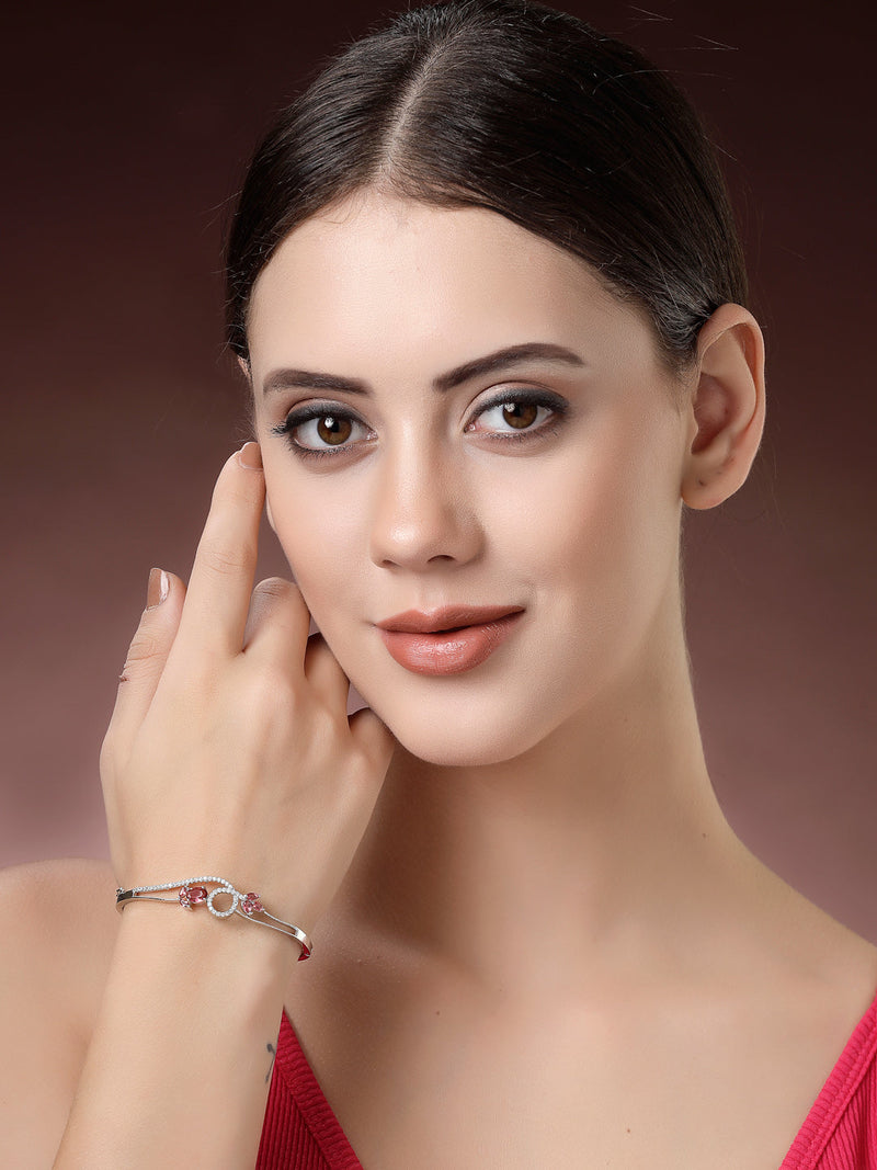 Rhodium Plated Silver Toned Nature Inspired Red Oval American Diamond Studded Cuff Bracelet
