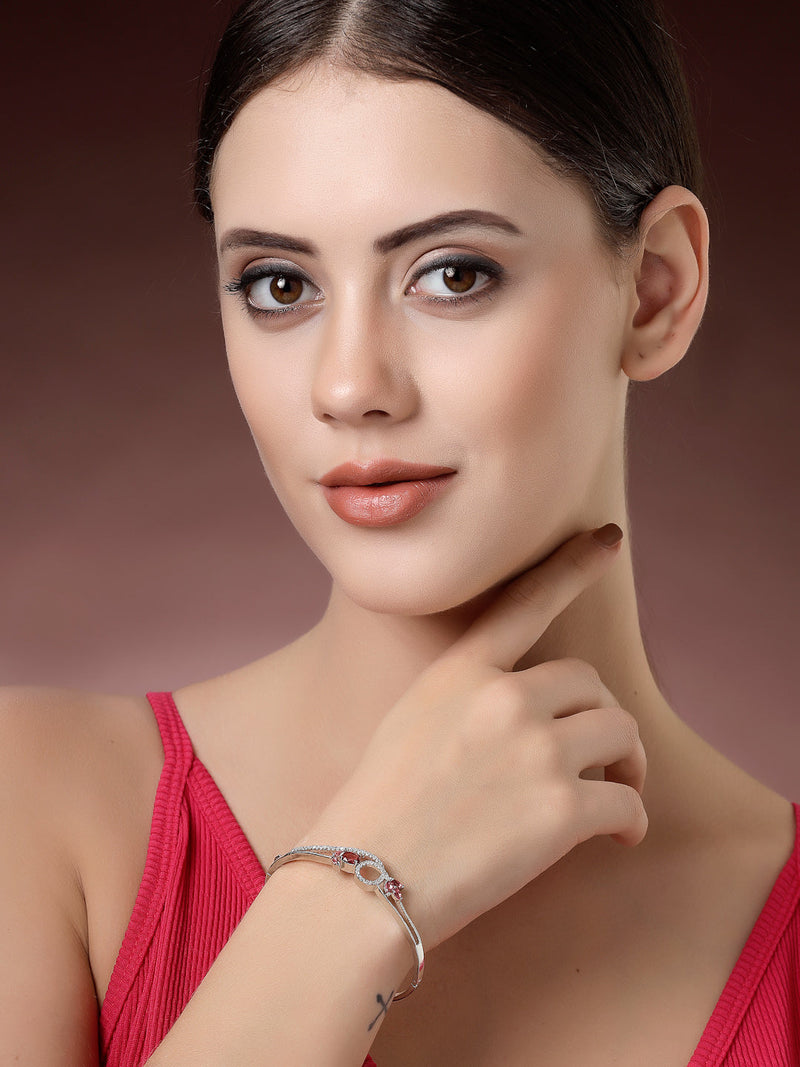 Rhodium Plated Silver Toned Nature Inspired Red Oval American Diamond Studded Cuff Bracelet