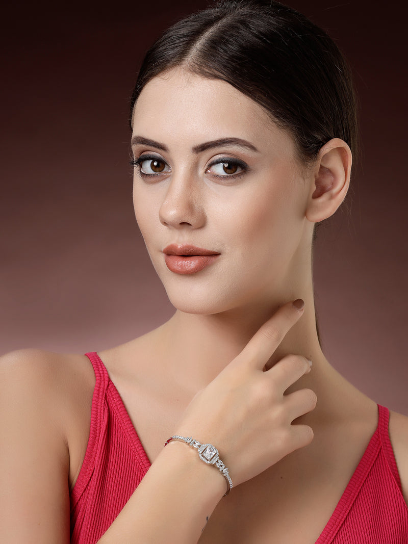 Rhodium Plated Silver Toned White Rectangle American Diamond Studded Cuff Bracelet