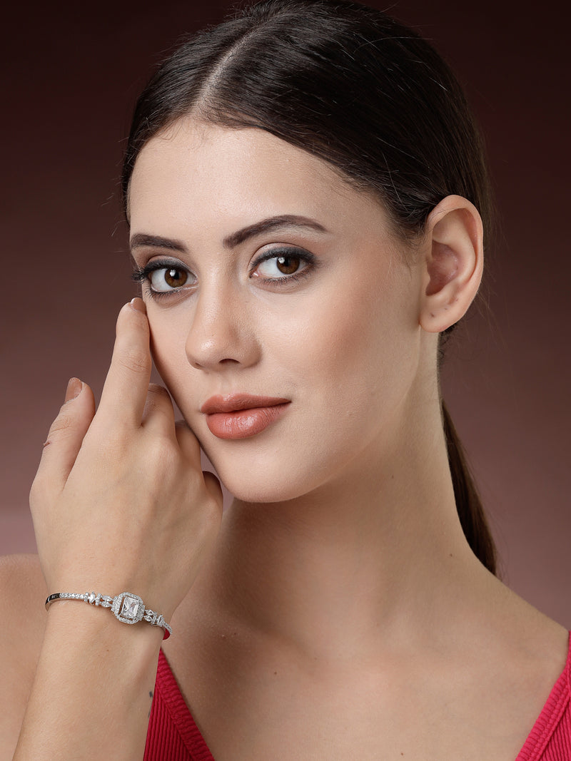 Rhodium Plated Silver Toned White Rectangle American Diamond Studded Cuff Bracelet