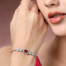 Rhodium Plated Silver Toned Red Square Centerpiece Ad Studded Bracelet With Beads & Floral Accents Wraparound Adjustable Bracelet
