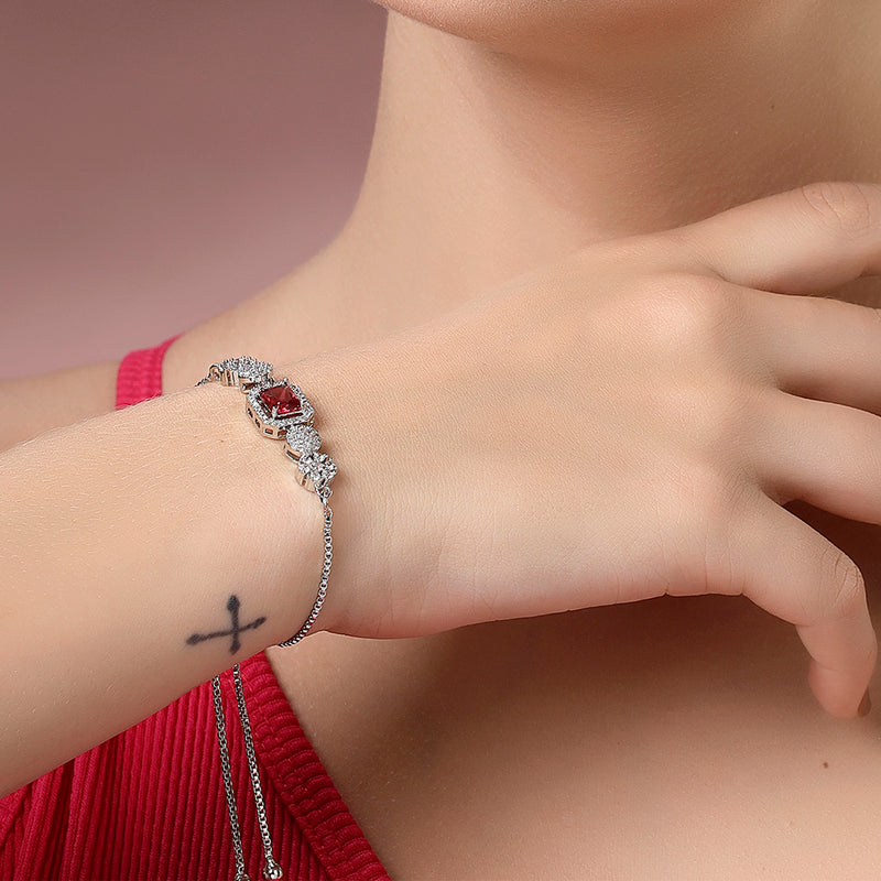 Rhodium Plated Silver Toned Red Square Centerpiece Ad Studded Bracelet With Beads & Floral Accents Wraparound Adjustable Bracelet