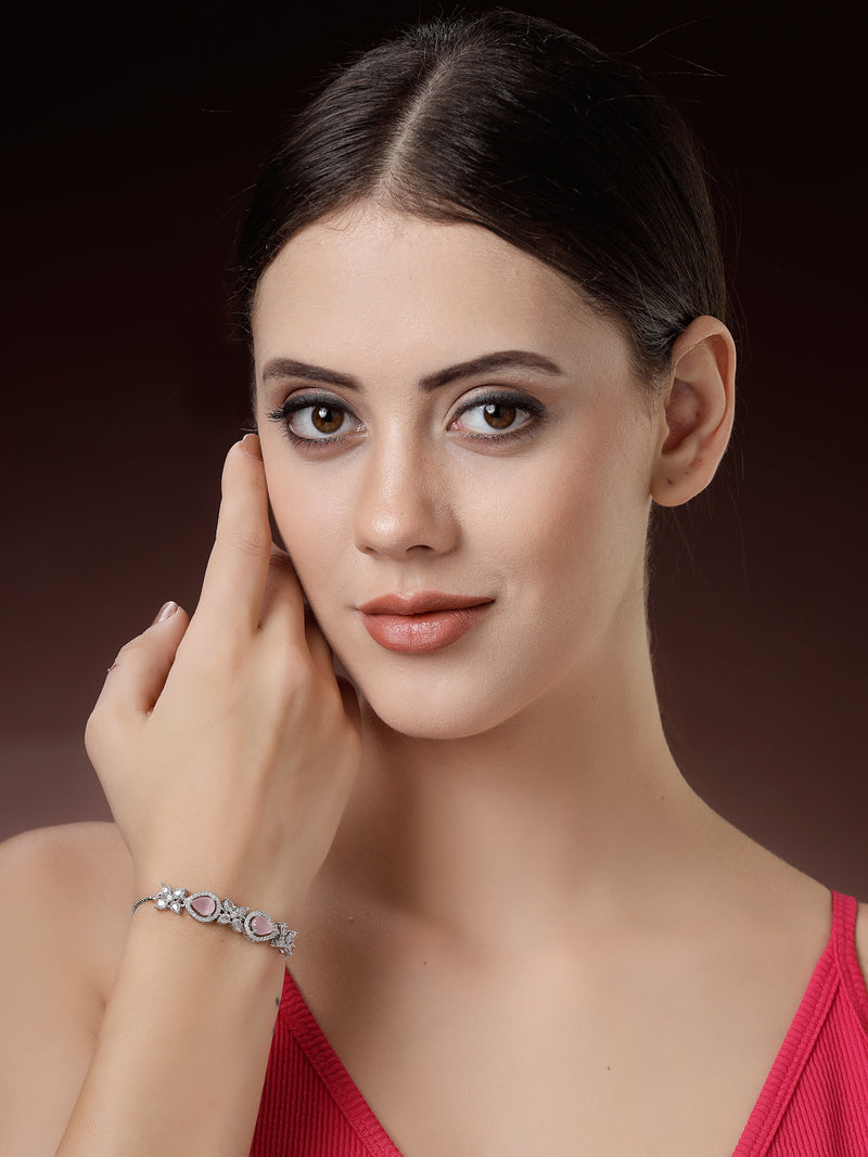 Rhodium Plated Silver Toned White Flower & Pink Teardrop American Diamond Studded  Wraparound Adjustable Bracelet