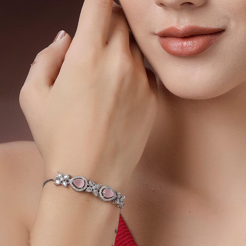 Rhodium Plated Silver Toned White Flower & Pink Teardrop American Diamond Studded  Wraparound Adjustable Bracelet