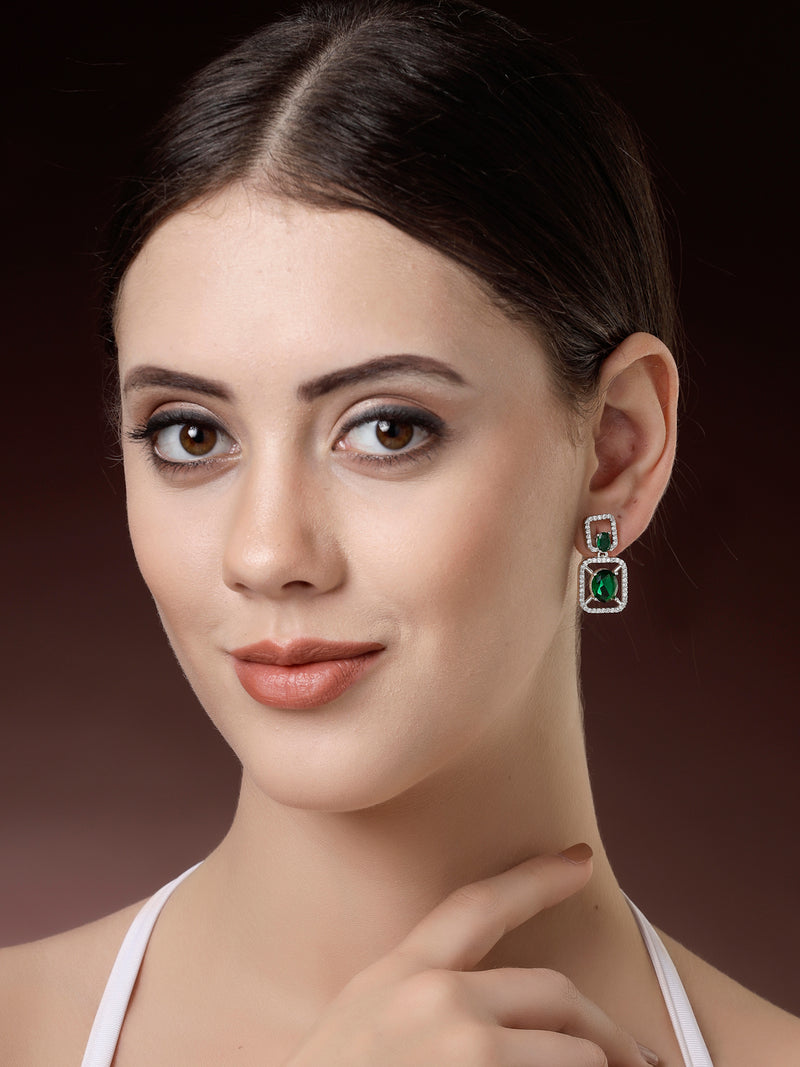 Rhodium Plated with Green American Diamond Stylish Square Shaped Small Drop Earrings