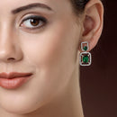 Rhodium Plated with Green American Diamond Stylish Square Shaped Small Drop Earrings