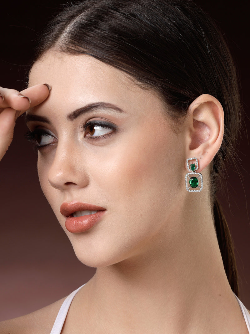 Rhodium Plated with Green American Diamond Stylish Square Shaped Small Drop Earrings