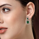 Rhodium Plated with Green American Diamond Stylish Square Shaped Small Drop Earrings